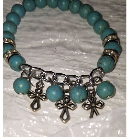Blue Stone Women's Stretch Charm Bracelet Dyed Howlite Rhinestone Boho - Picture 6 of 7